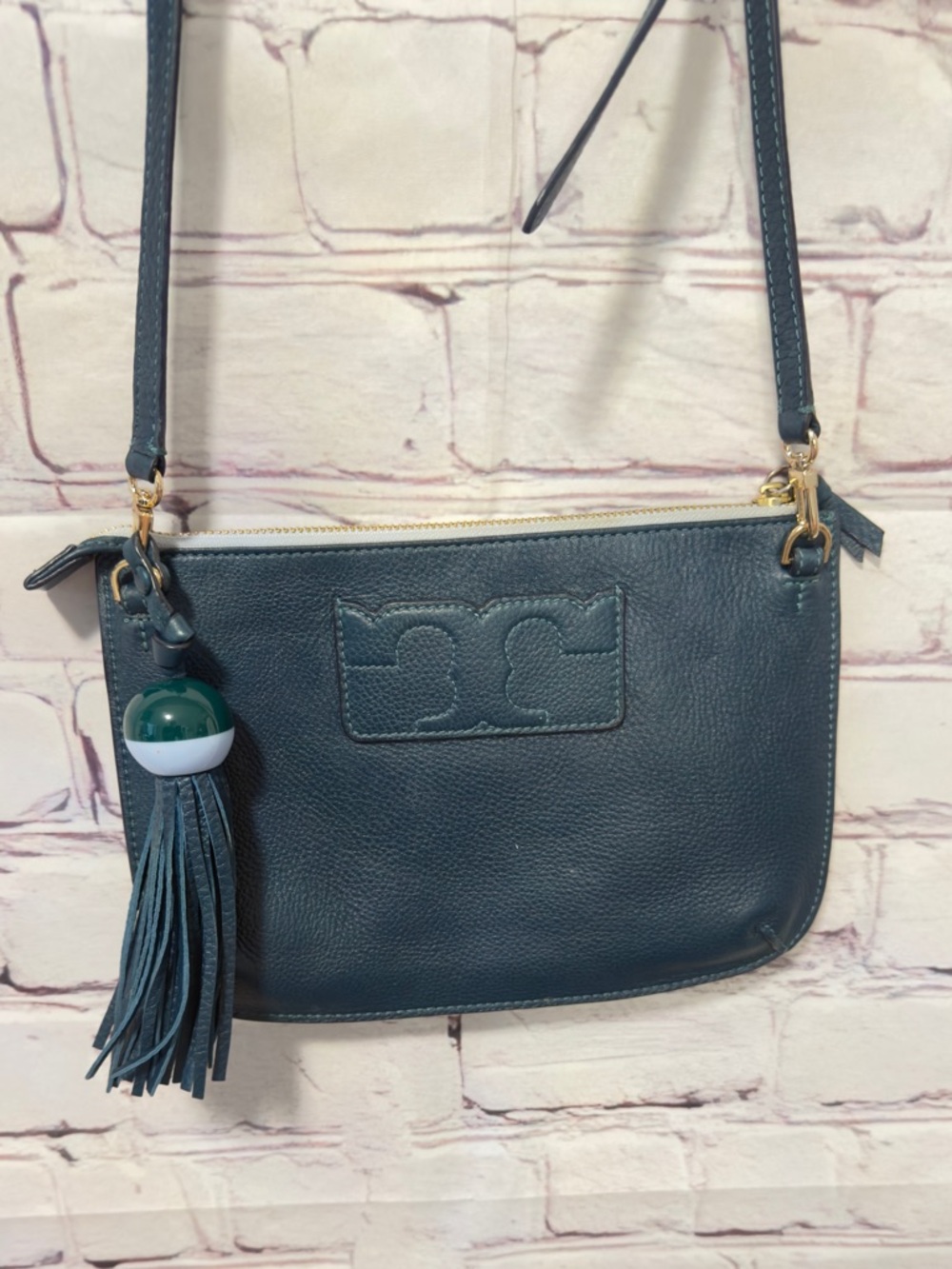 TORY BURCH TASSEL TEAL PEBBLED LEATHER CROSSBODY SMALL TRAVEL POCHETTE